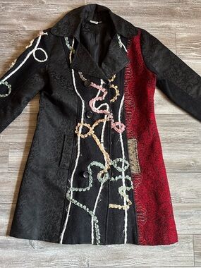 Parsley & Sage Black Trench Coat with Red Side Panel & Multicolor Embroidery
